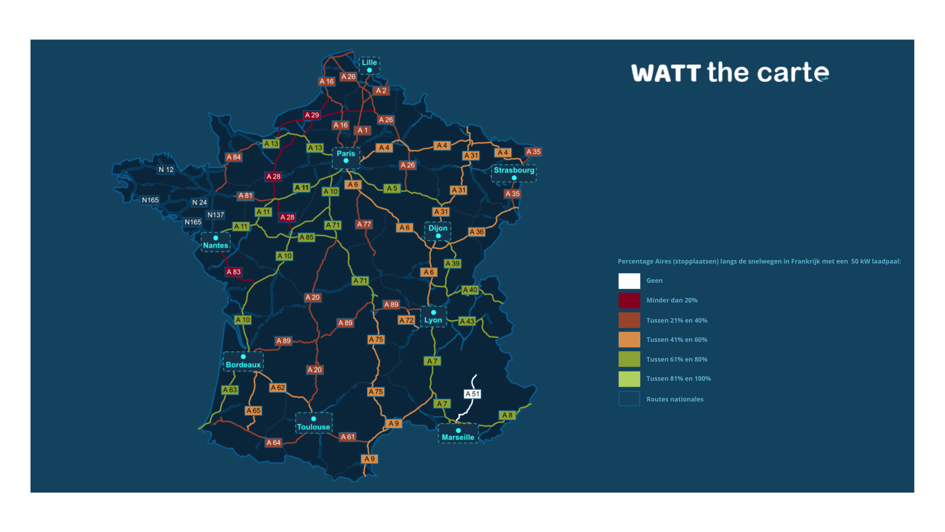 Kaart met dekking snelladers in Frankrijk langs de autoroutes (snelwegen)