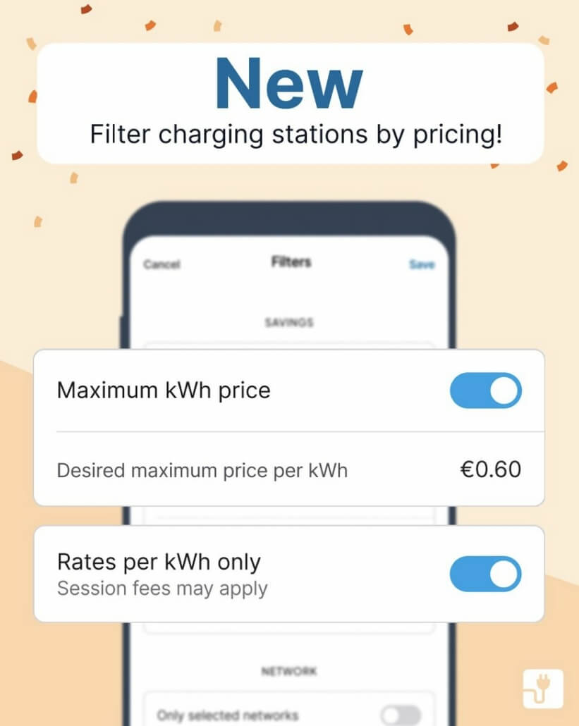 Nieuw bij Chargemap filteren op de prijs per kWh bij laadpalen